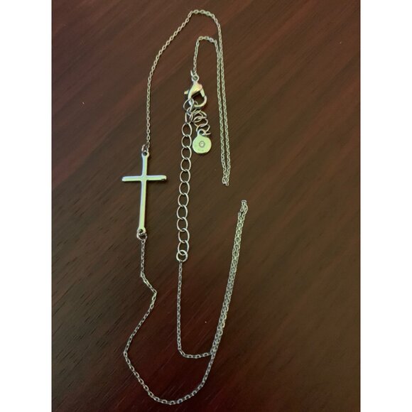 Side Laying Silver Tone Cross Necklace 21" Dainty Link Chain - Picture 2 of 3